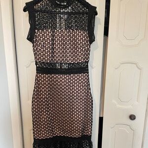 Stunning Elliott mesh-lace dress with pink/peach/black bodice/skirt, sz. M, NWT.